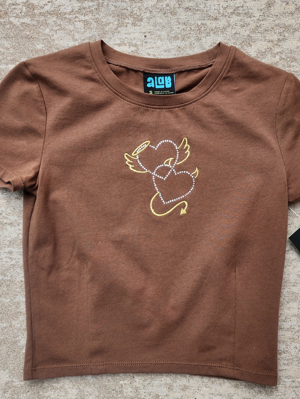 A.LAB Serina Angel Devil Heart Brown Crop Baby Tee T-Shirt, Womens Sz S
